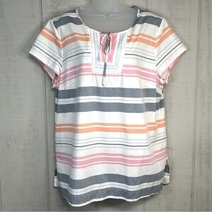 Tommy Bahama Womens Top Blouse Size XL Pullover Short Sleeve Bow Cotton Striped